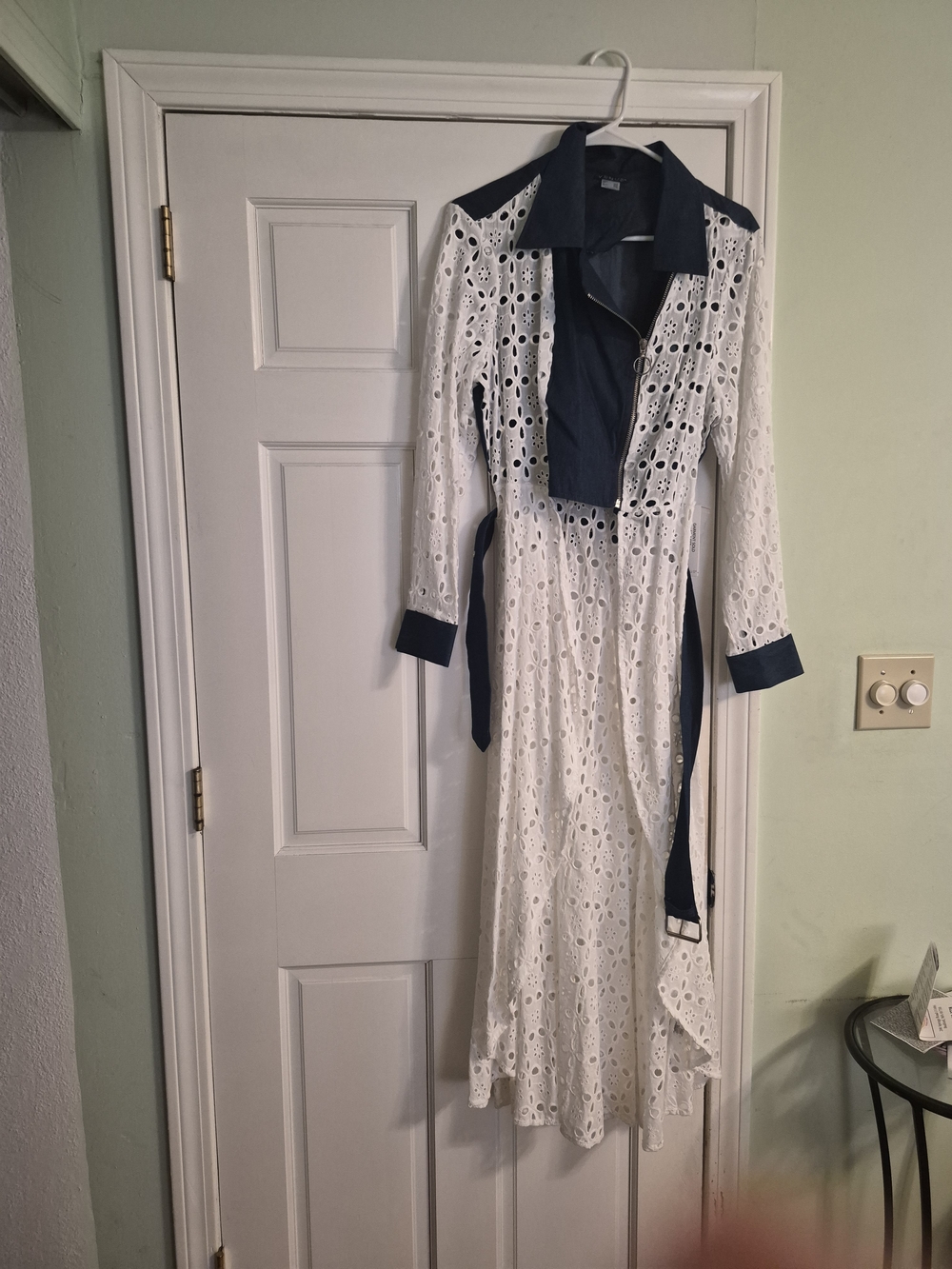 VENUS White Eyelet Long Sleeve Midi Dress with Navy Accents